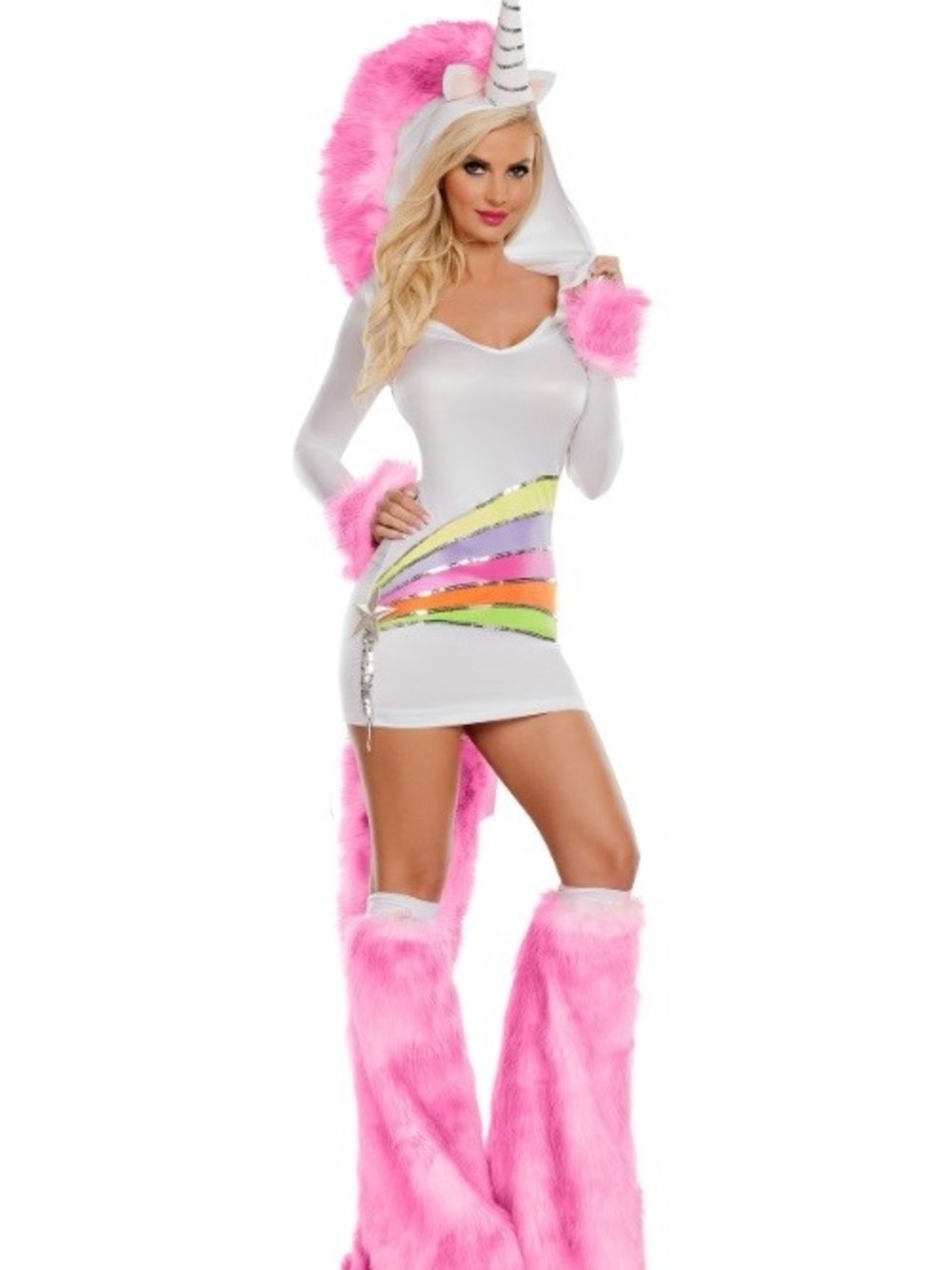 White Unicorn Hoodie Dress with Pink Fur Trim